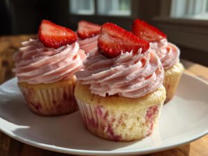 Four delicious strawberry cupcakes topped with pink frosting and fresh strawberry slices, ready to eat.