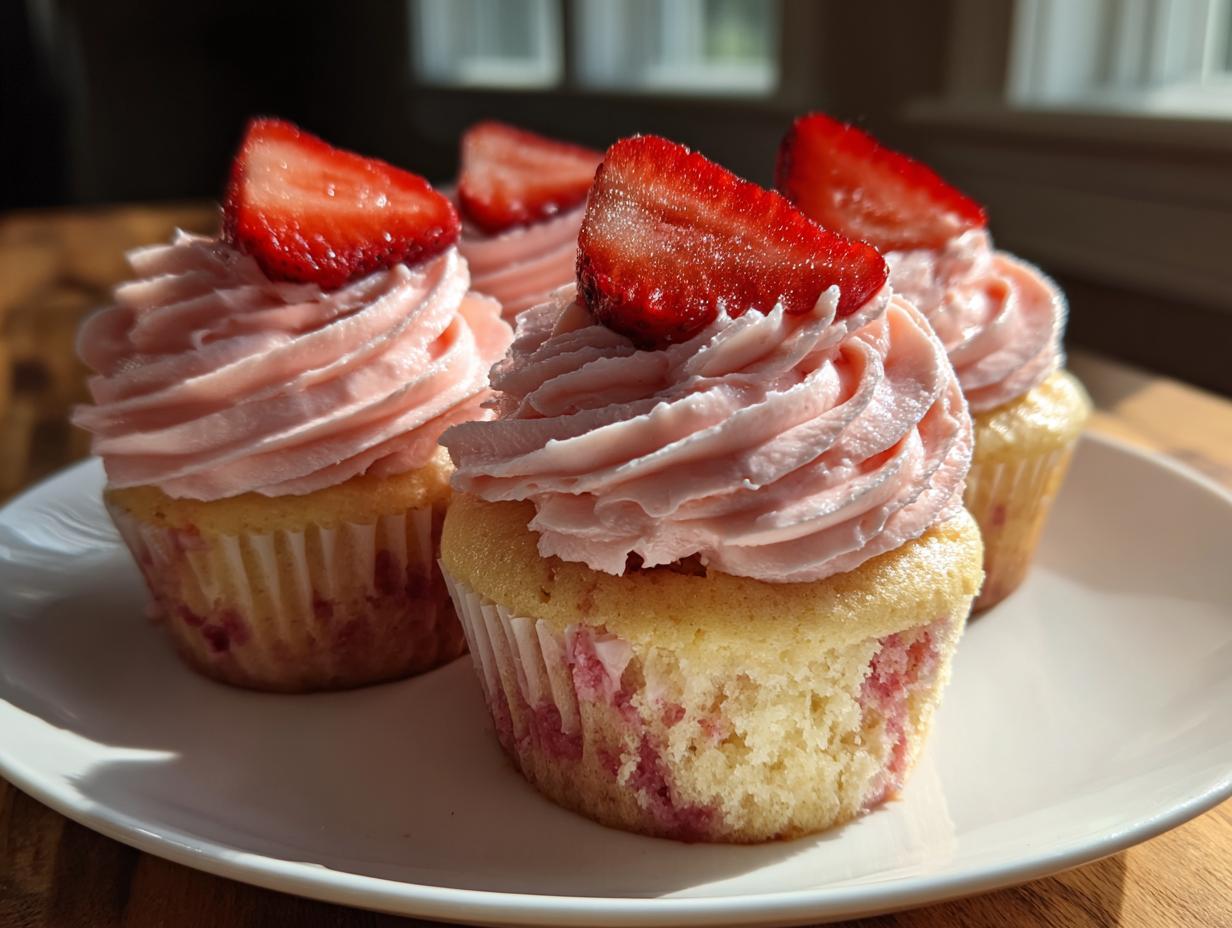 Four delicious strawberry cupcakes topped with pink frosting and fresh strawberry slices, ready to eat.