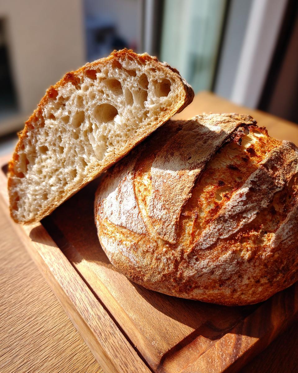 A rustic loaf of french bread, cut in half to show the airy, open crumb structure.
