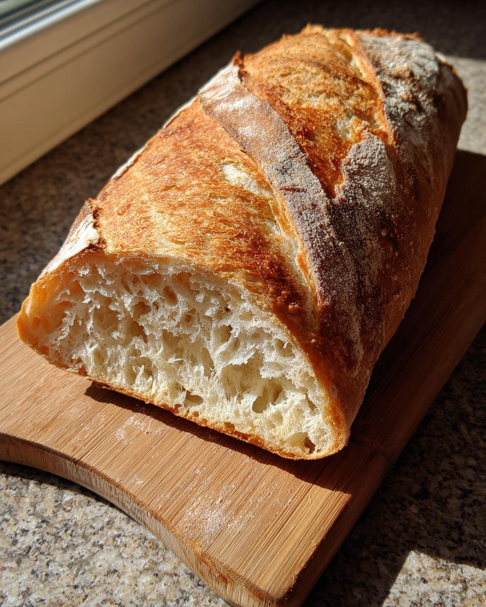 A loaf of golden brown french bread, sliced open to show the airy, open crumb structure, resting on a wooden board.