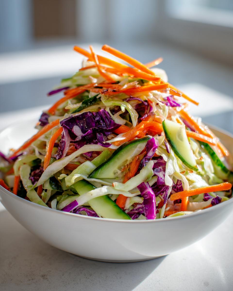 A close-up of a fresh, colorful cabbage salad featuring shredded green and purple cabbage, carrots, and cucumber slices.