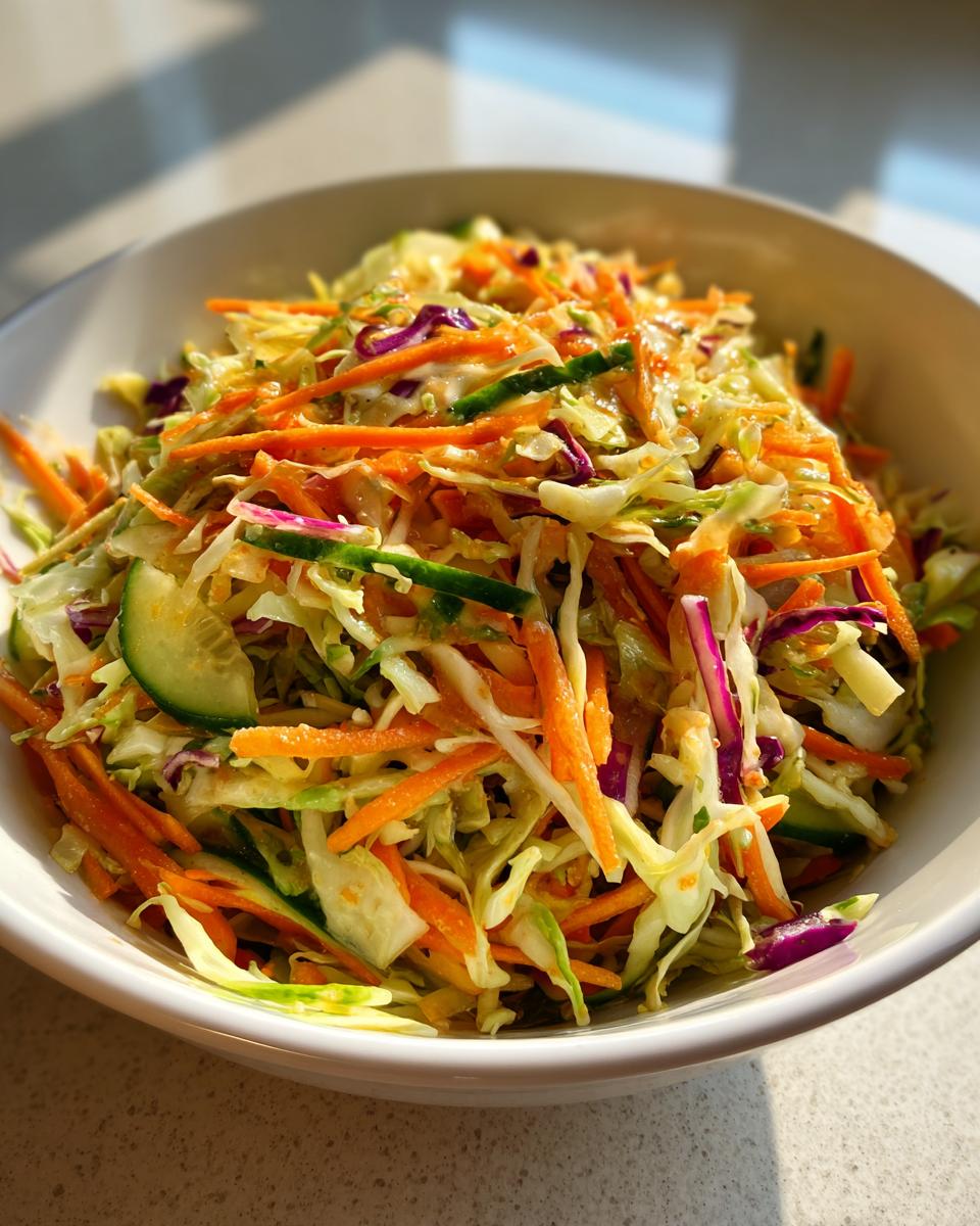 A vibrant bowl of fresh cabbage salad featuring shredded carrots, green cabbage, purple cabbage, and cucumber slices.