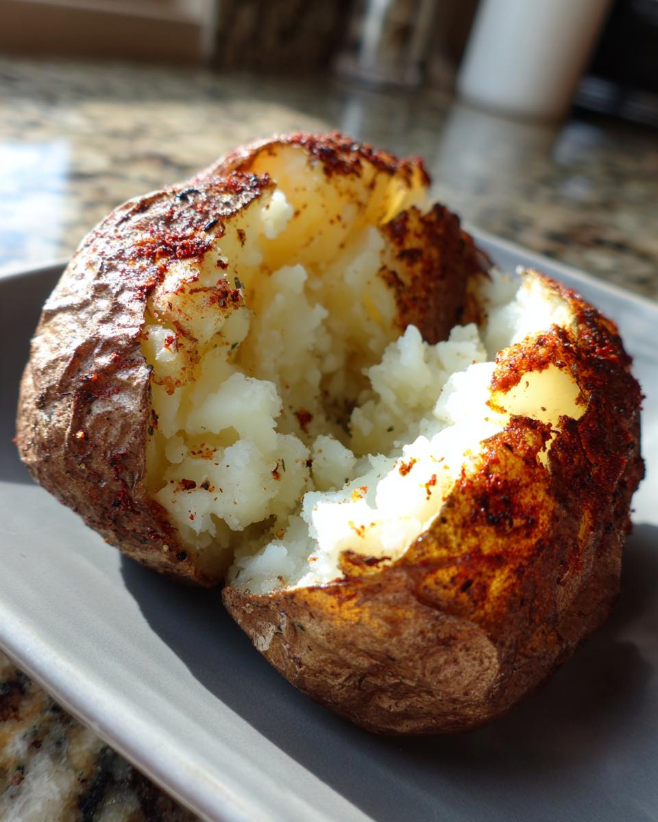 A perfectly cooked air fryer baked potato, split open to show fluffy interior and seasoned, crispy skin.