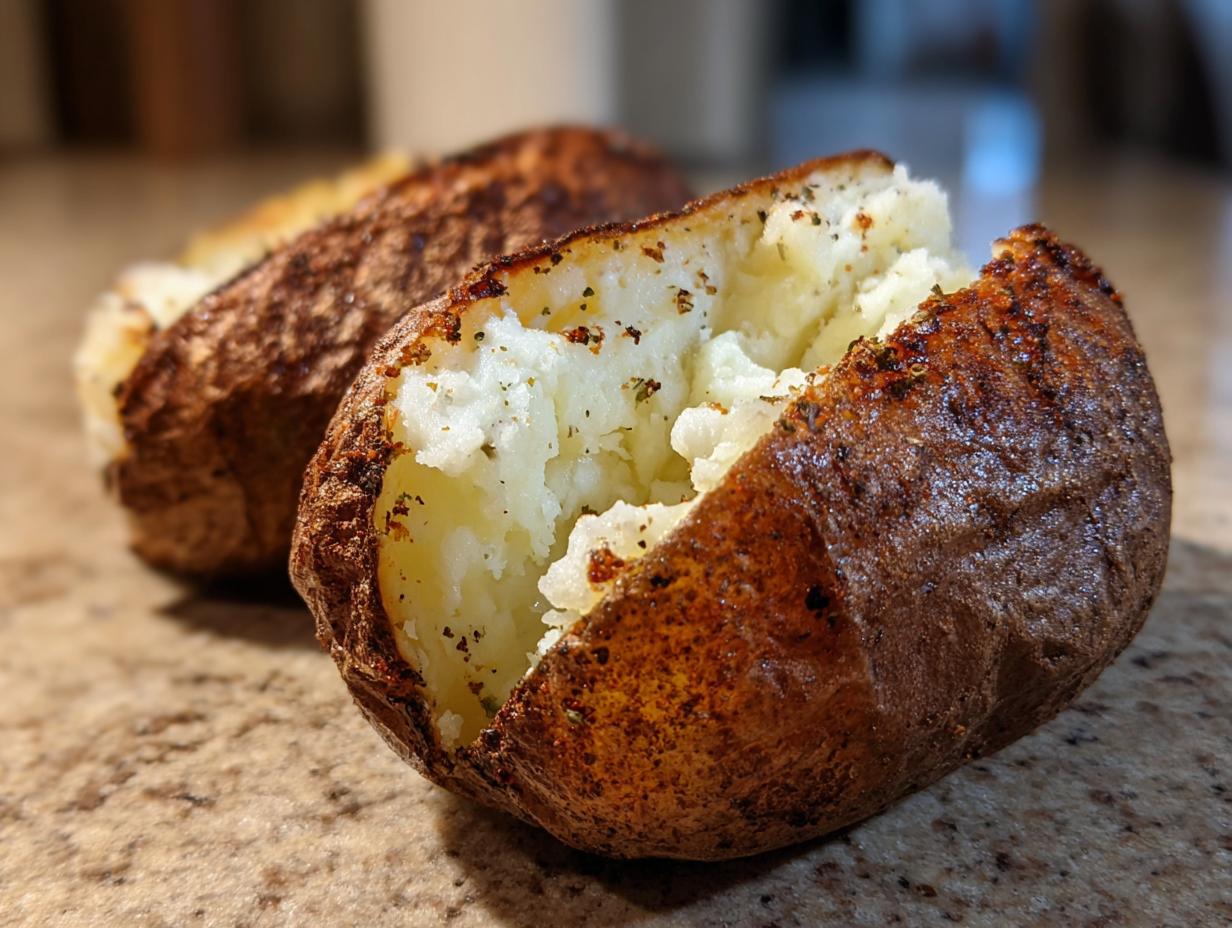 Close-up of a perfectly cooked air fryer baked potato split open, showing fluffy interior seasoned with herbs.