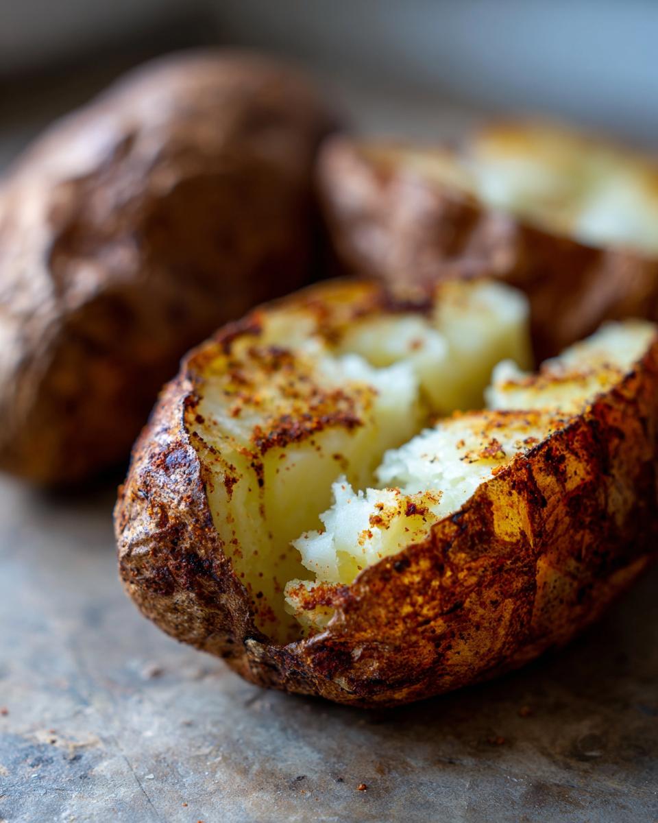 Close-up of a perfectly cooked air fryer baked potato, split open to show fluffy interior and seasoned, crispy skin.