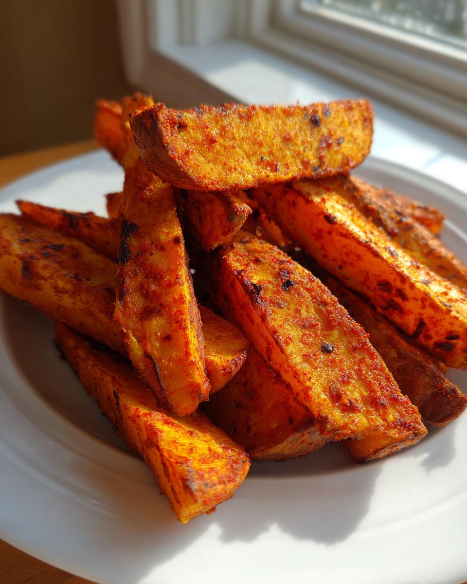 A close-up of a pile of perfectly seasoned and crispy air fryer potato wedges served on a white plate.