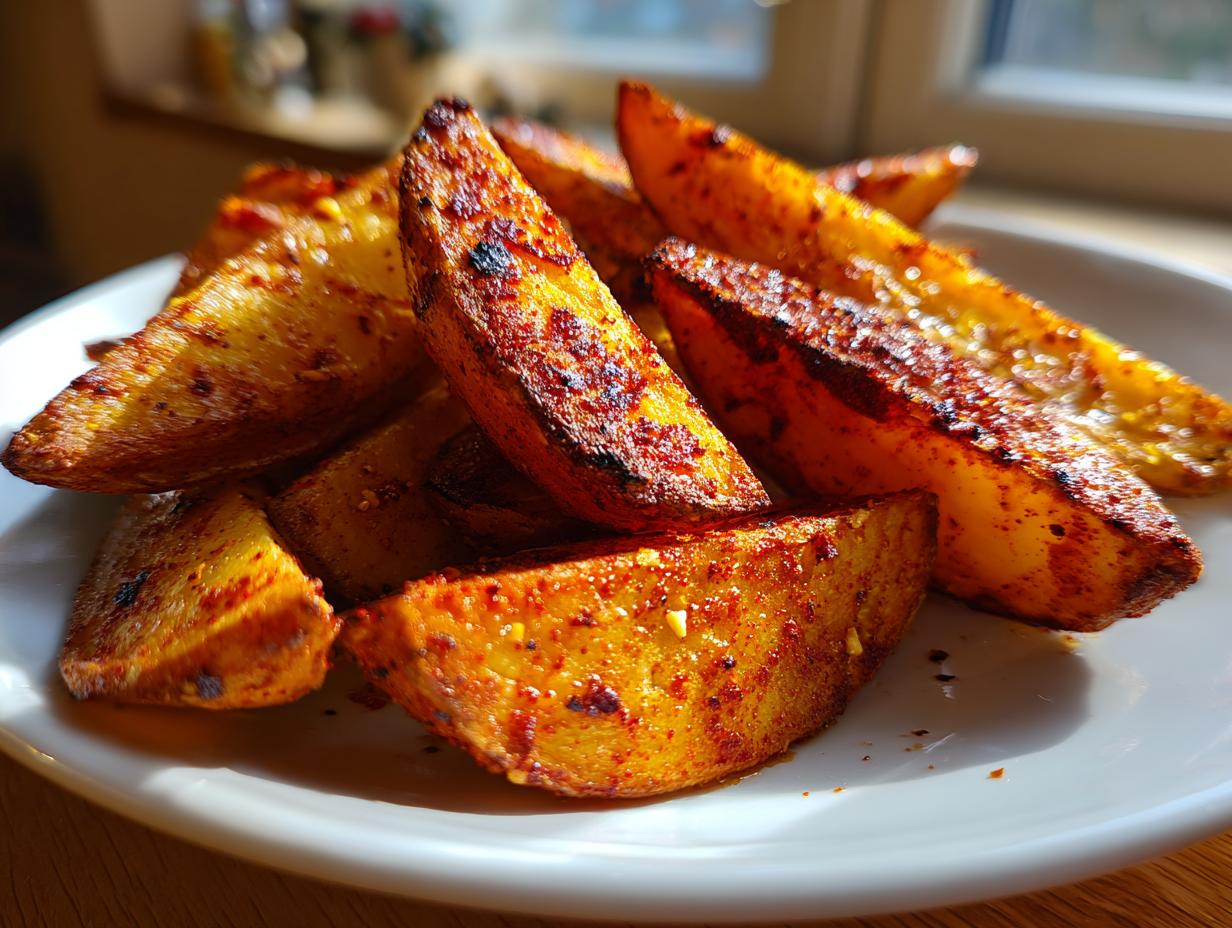 A close-up shot of golden brown, seasoned air fryer potato wedges piled on a white plate, showing excellent crunch.