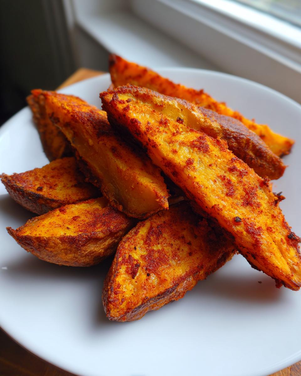 Close-up of golden brown, heavily seasoned air fryer potato wedges piled on a white plate.