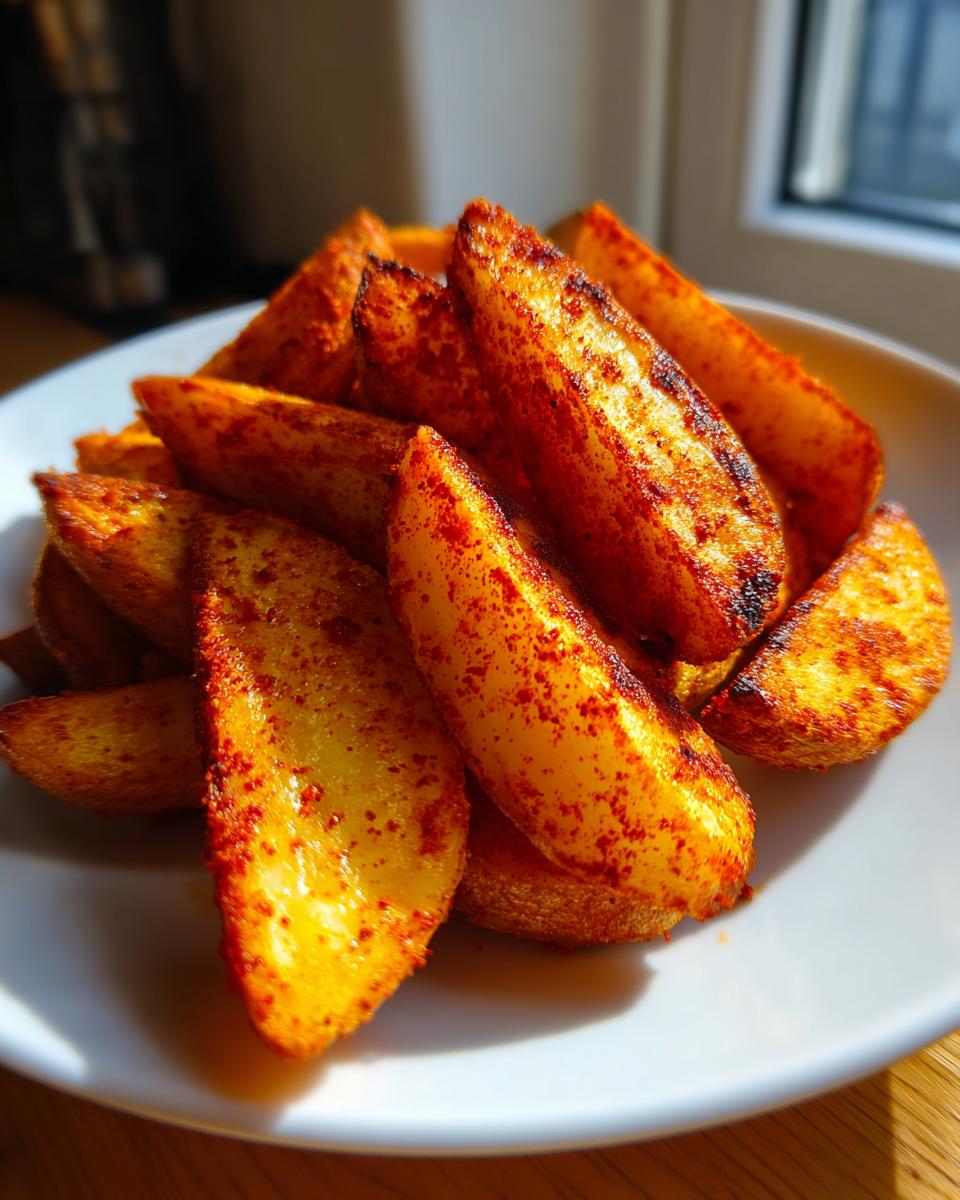 Close-up of golden, crispy air fryer potato wedges heavily seasoned with paprika, piled on a white plate.