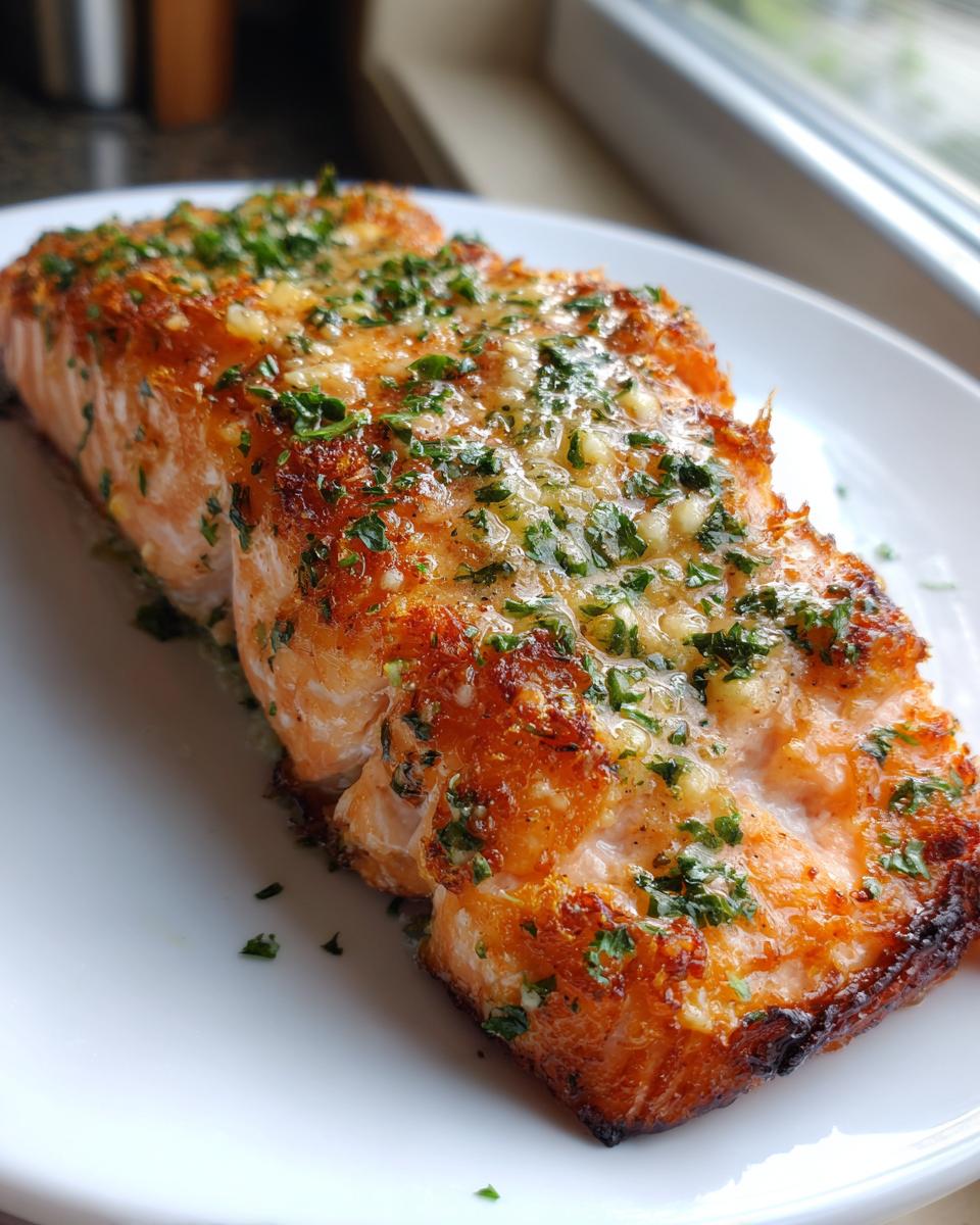 Close-up of a flaky, golden-brown piece of air fryer salmon topped with melted garlic butter and fresh parsley.