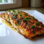 Close-up of a perfectly cooked, glazed air fryer salmon fillet topped with herbs on a white plate.