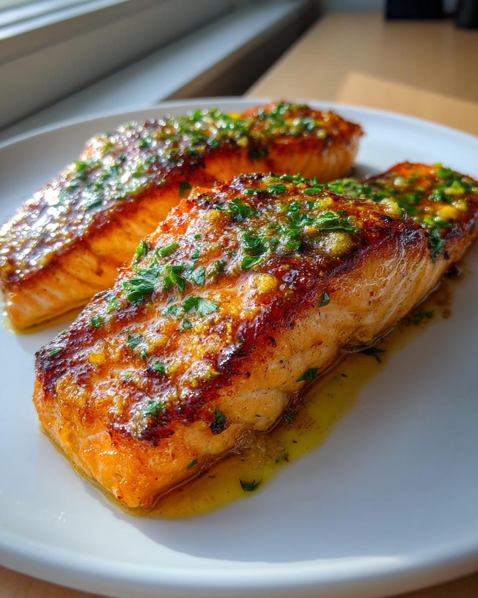 Three golden-brown air fryer salmon fillets topped with a bright lemon-herb glaze resting on a white plate.