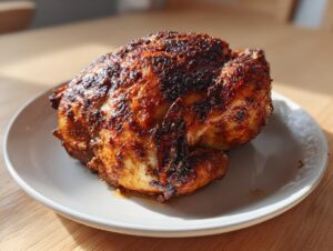 A perfectly cooked, crispy skin air fryer whole chicken resting on a white plate under natural light.