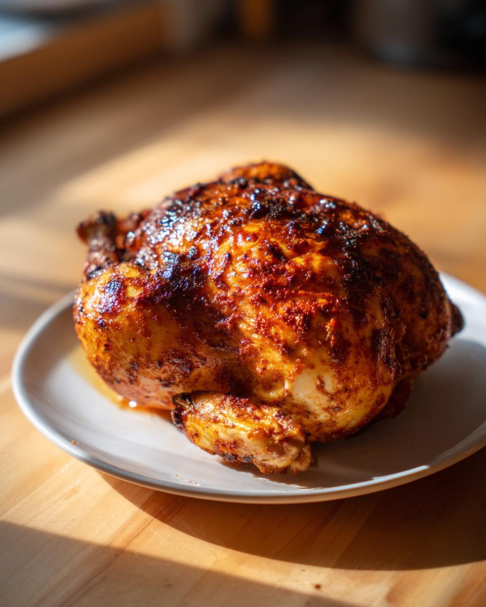 A beautifully browned and crispy air fryer whole chicken resting on a light-colored plate on a wooden surface.