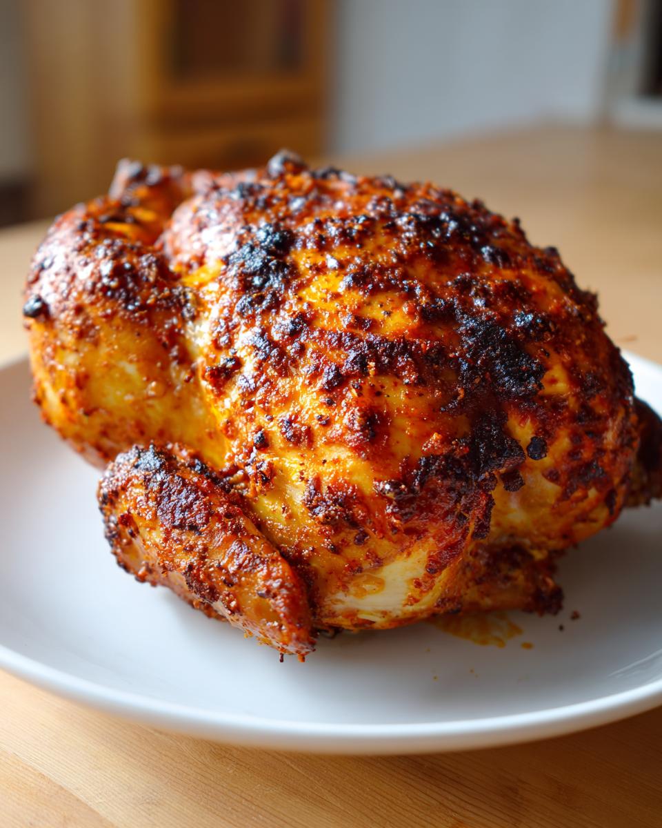 A whole roasted chicken with crispy, dark orange skin, fresh from the air fryer, sitting on a white plate.