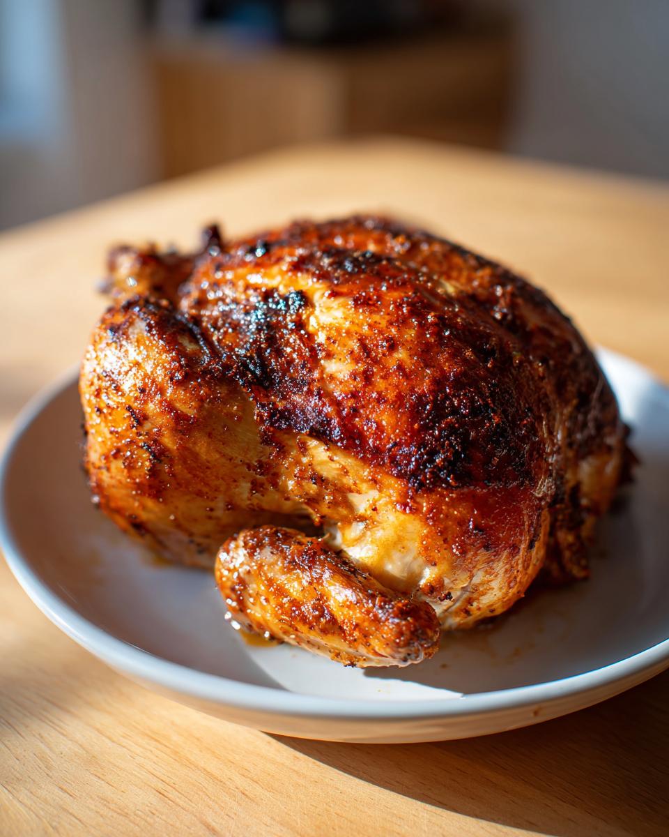 A whole roasted chicken with crispy, seasoned skin resting on a white plate, cooked using the air fryer whole chicken method.