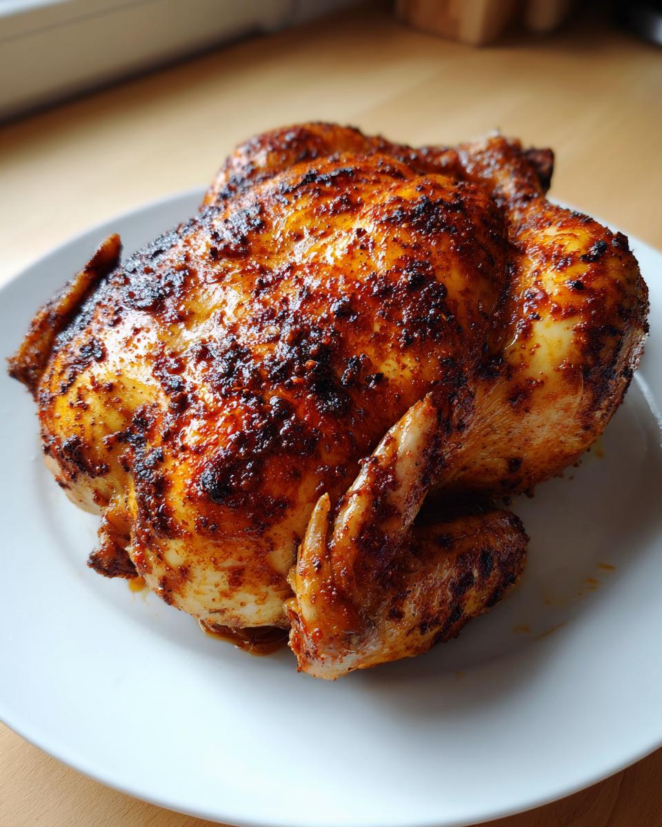 A beautifully roasted air fryer whole chicken with crispy, seasoned skin resting on a white plate.