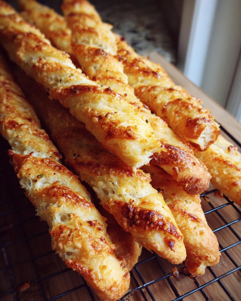 Close-up of freshly baked, golden brown, cheesy breadsticks stacked on a cooling rack.
