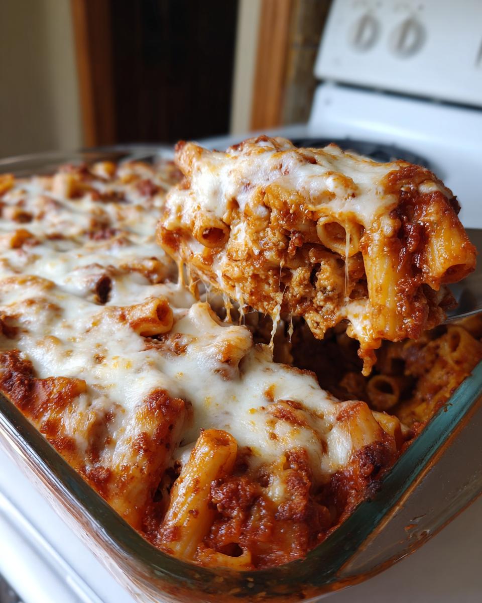 A spoonful of cheesy, saucy pasta bake being lifted from a glass baking dish.