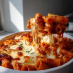A serving spoon lifts rigatoni pasta covered in melted, stretchy cheese from a dish of baked pasta bake.