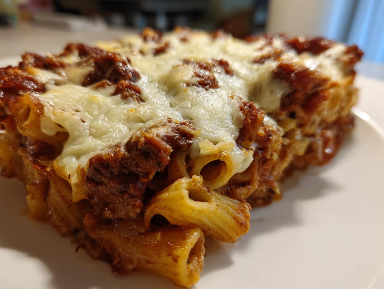 Close-up of a hearty slice of baked pasta bake, featuring rigatoni pasta, rich meat sauce, and a thick layer of melted mozzarella cheese.