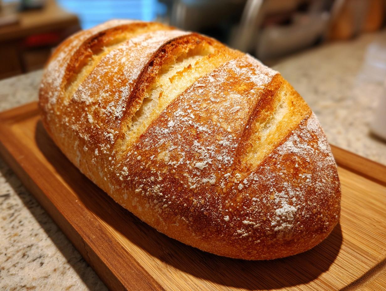 A golden brown, freshly baked french bread loaf dusted with flour, resting on a wooden cutting board.