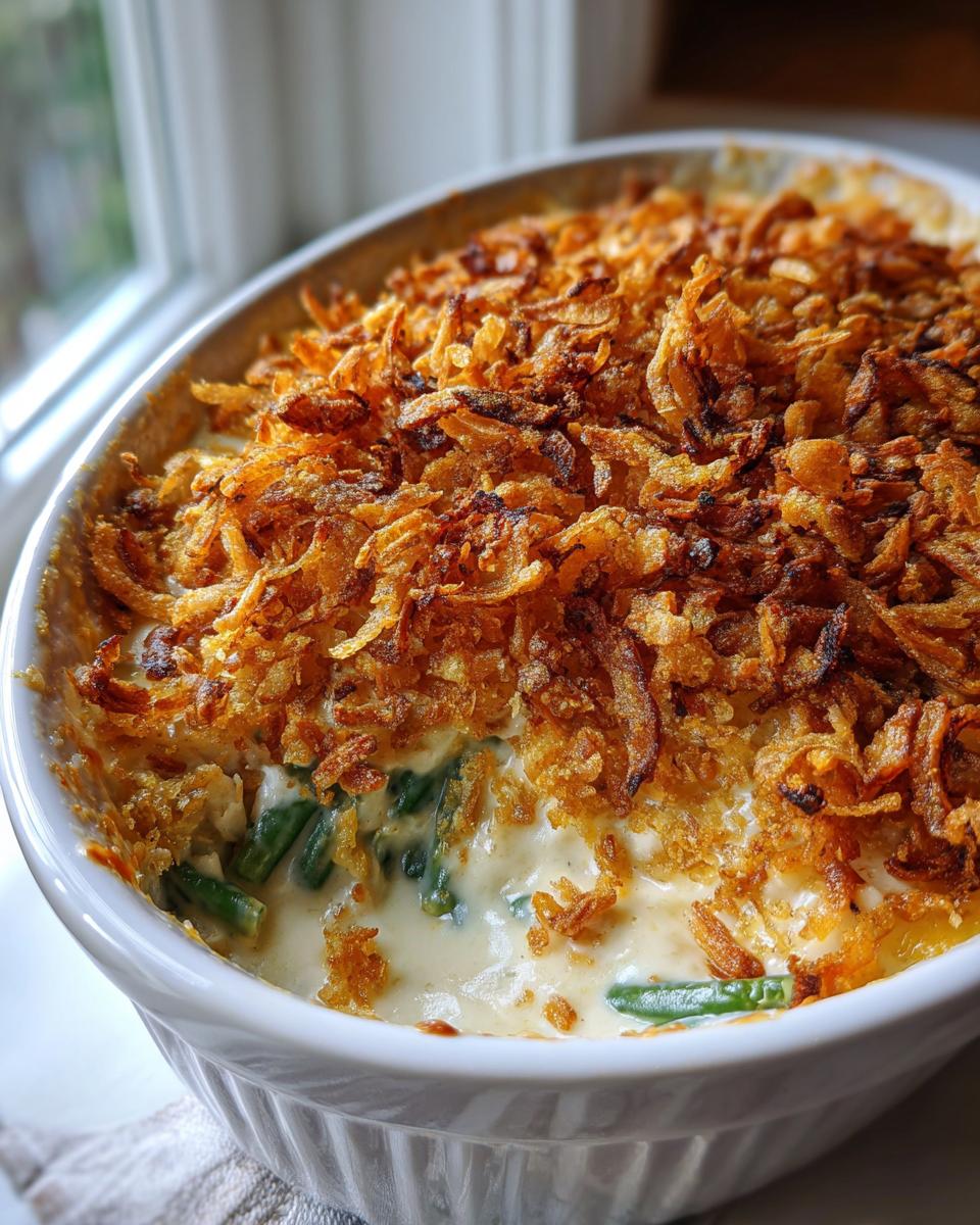 A close-up of a creamy green bean casserole topped generously with crispy fried onions.