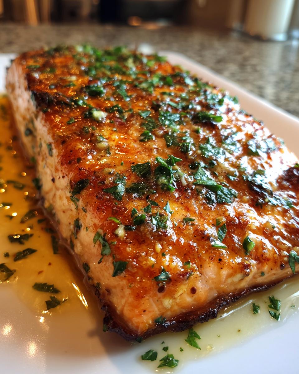 Close-up of a glistening, perfectly cooked piece of air fryer salmon topped with garlic and fresh parsley.