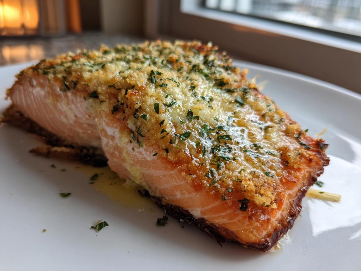 Close-up of a perfectly cooked air fryer salmon fillet with a golden, cheesy, herb crust on a white plate.