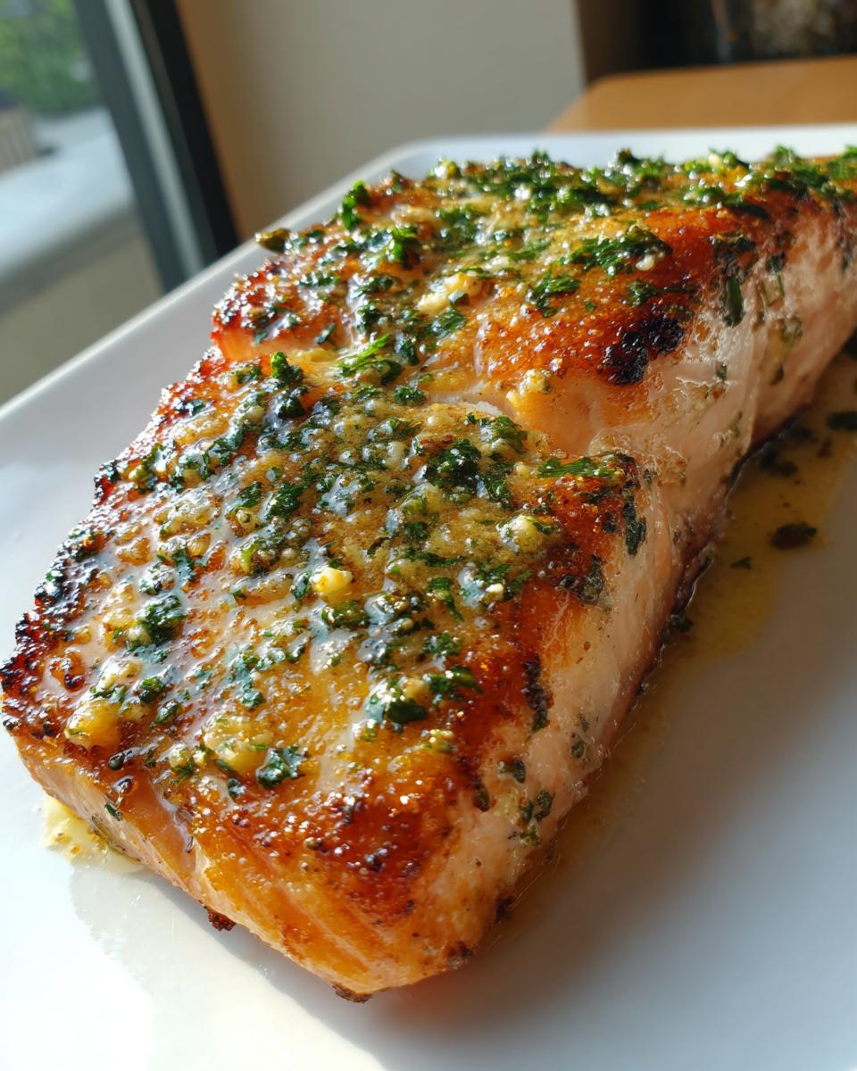Close-up of a glistening, golden-brown piece of air fryer salmon topped with a melted garlic herb butter glaze.