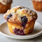 Close-up of a golden-brown blueberry muffin topped with coarse sugar, sitting on a white plate.