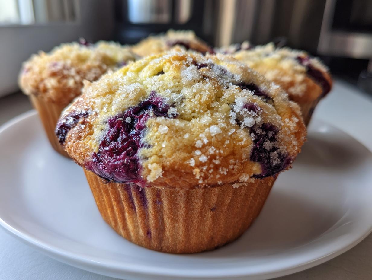 A close-up of freshly baked blueberry muffins topped with coarse sugar, sitting on a white plate.