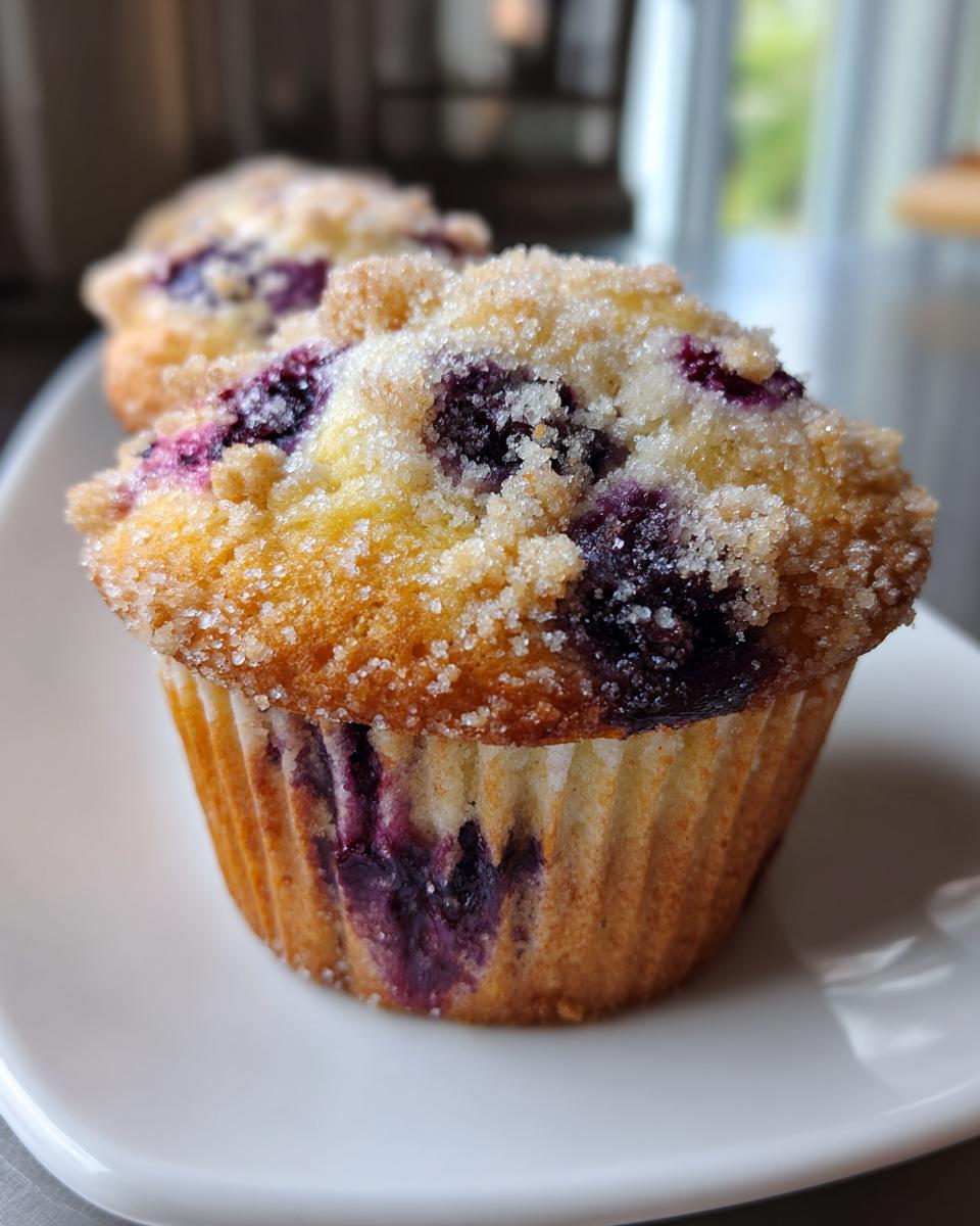 A close-up of a freshly baked blueberry muffin topped with coarse sugar crystals.