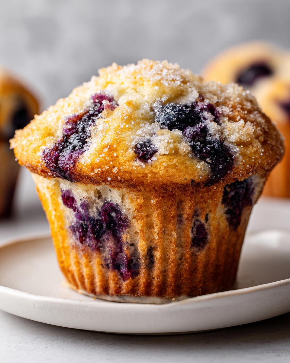 Close-up of a golden brown blueberry muffins topped with coarse sugar crystals.
