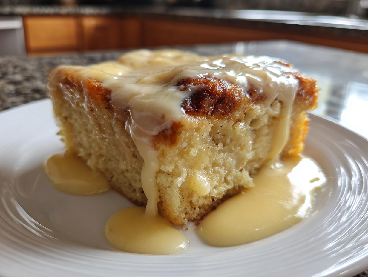 A close-up of a square slice of moist bread pudding topped generously with creamy vanilla sauce.
