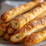 Close-up of a stack of golden brown, cheesy breadsticks with visible fluffy interior.