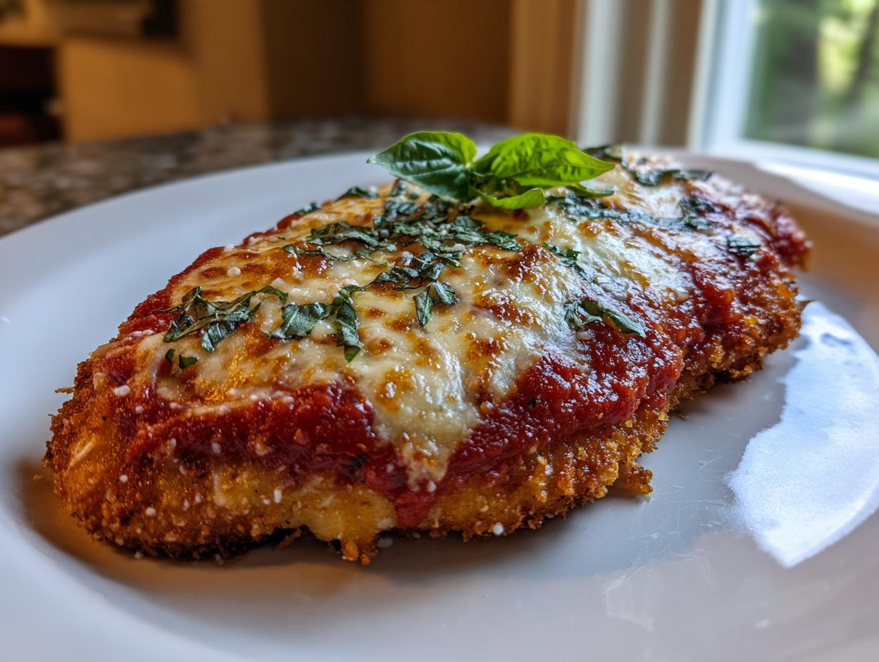 A close-up of a perfectly cooked chicken parmesan recipe serving, topped with melted mozzarella, marinara sauce, and fresh basil.