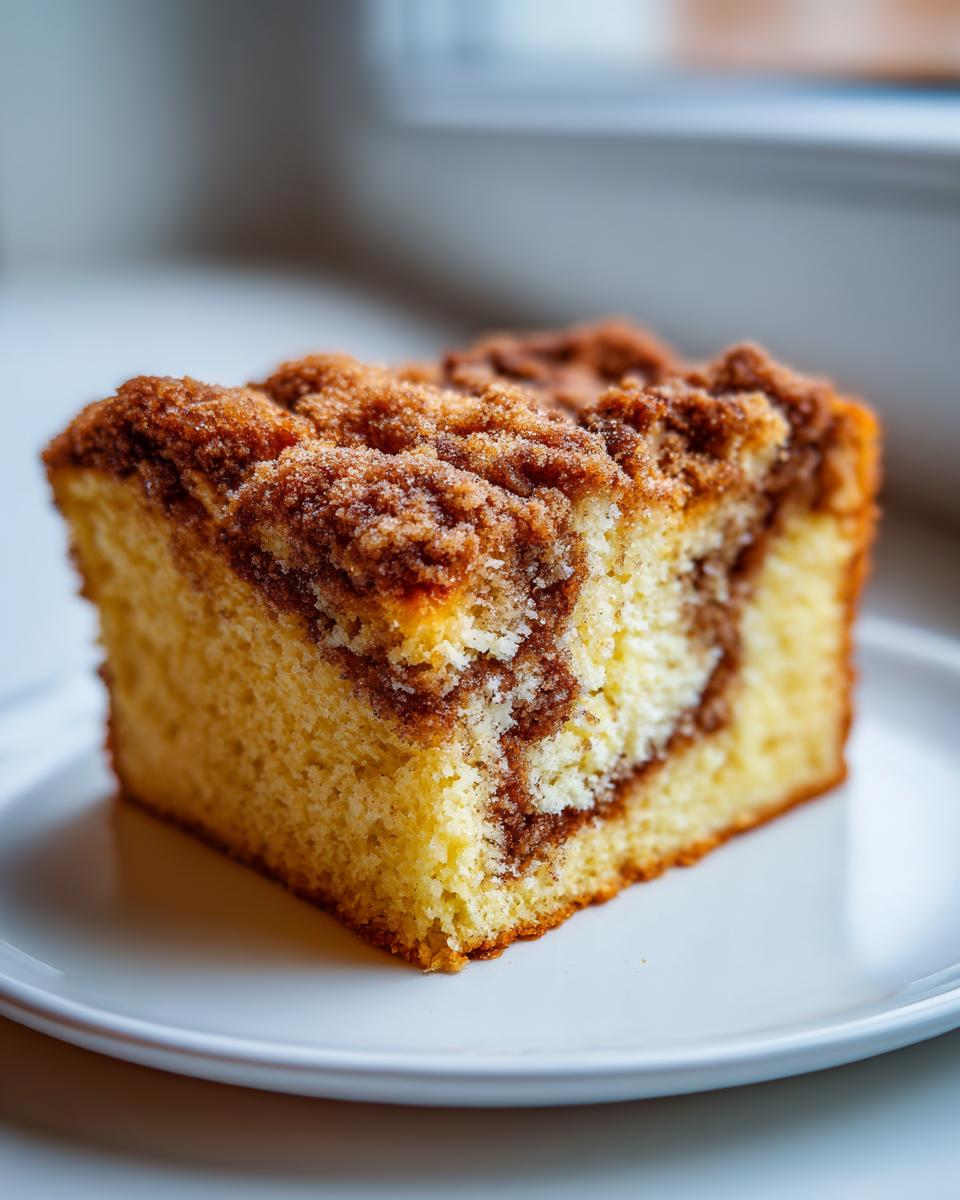 Close-up of a moist slice of coffee cake featuring a cinnamon swirl and thick, sugary streusel topping.