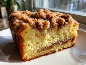Close-up of a moist slice of amazing coffee cake featuring a thick, cinnamon streusel topping and a visible swirl of filling.