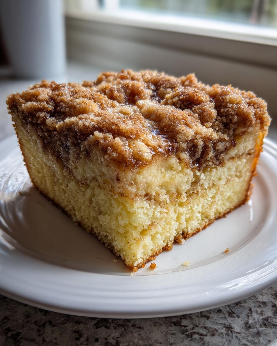 A close-up of a moist slice of amazing coffee cake featuring a thick cinnamon streusel topping on a white plate.