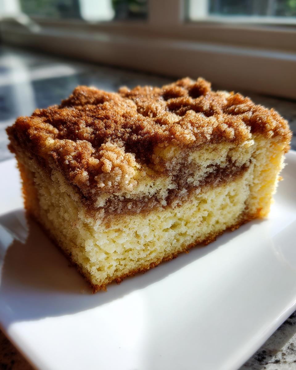A close-up of a moist slice of coffee cake featuring a cinnamon swirl layer and thick streusel topping.