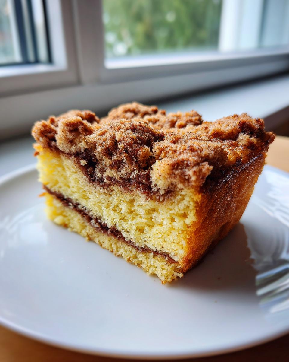 A close-up of a moist slice of coffee cake featuring a thick cinnamon crumb topping and a swirl of filling.