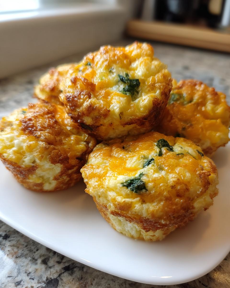 A small pile of freshly baked, golden brown egg bites topped with melted cheddar cheese and visible spinach pieces.