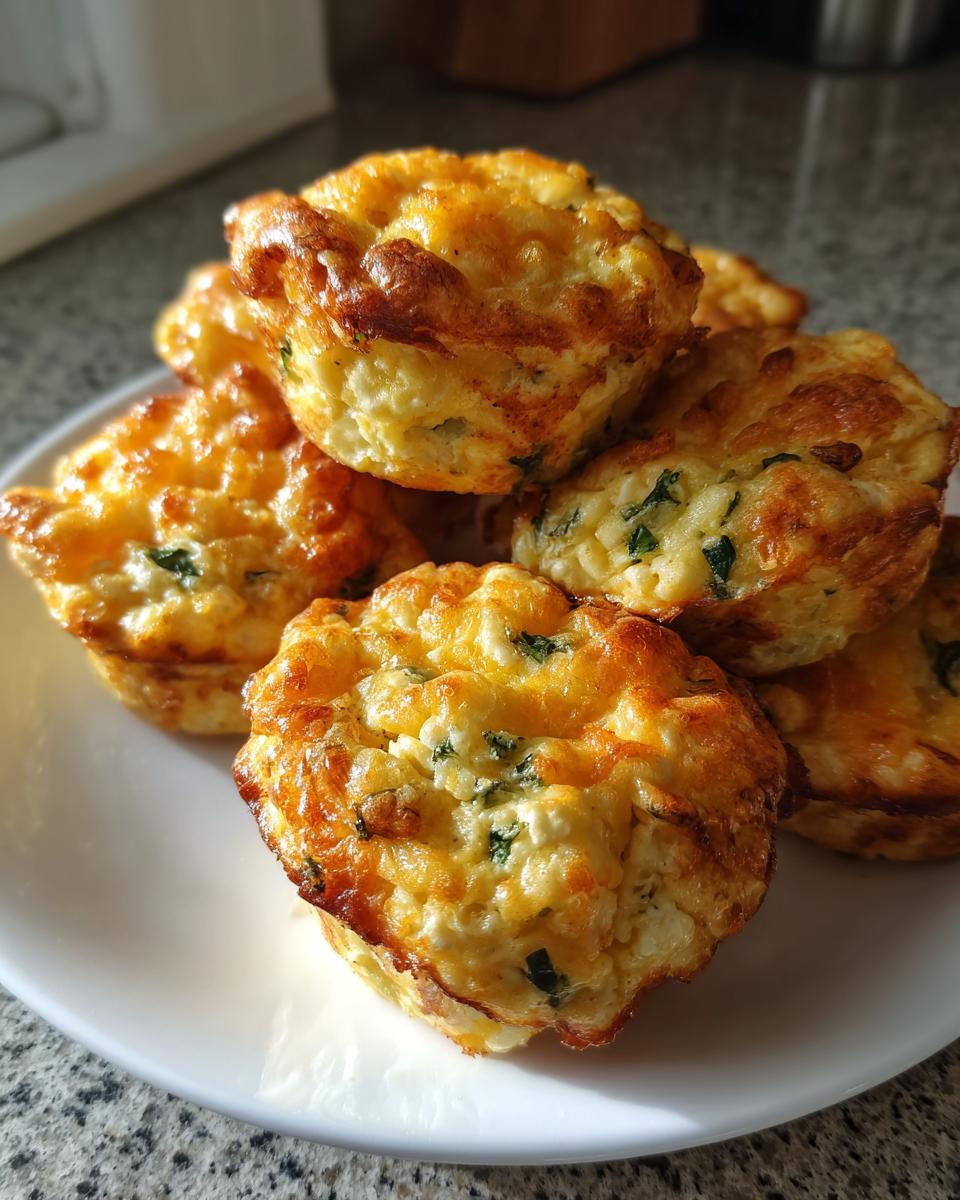 A stack of freshly baked, golden brown egg bites with visible bits of green herbs on a white plate.