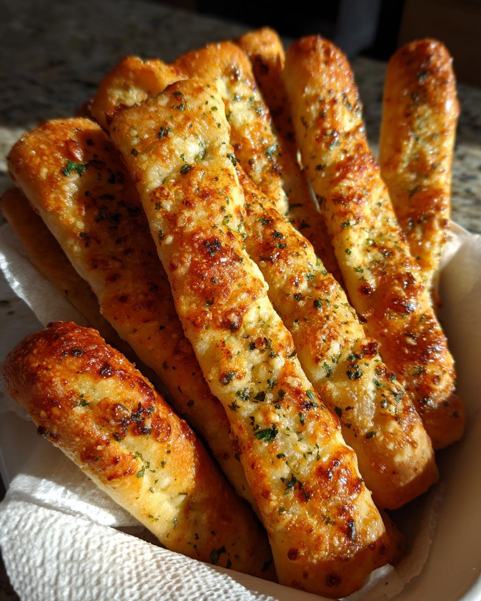 A basket filled with golden brown, cheesy garlic breadsticks sprinkled with herbs, highlighting the texture of the breadsticks.