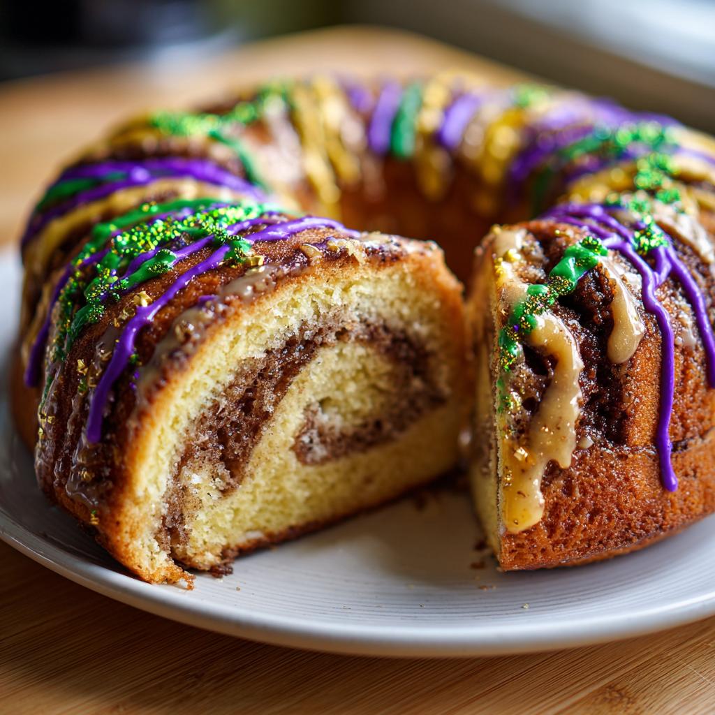 A delicious King Cake with a slice cut out, showing the cinnamon swirl filling and Mardi Gras colored icing.