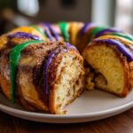 A cross-section view of a moist King Cake drizzled with purple, green, and yellow icing.
