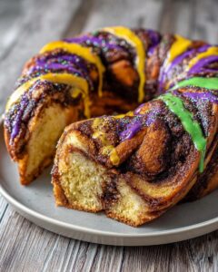 A slice cut from a rich, swirled King Cake decorated with purple, green, and yellow icing and Mardi Gras sprinkles.