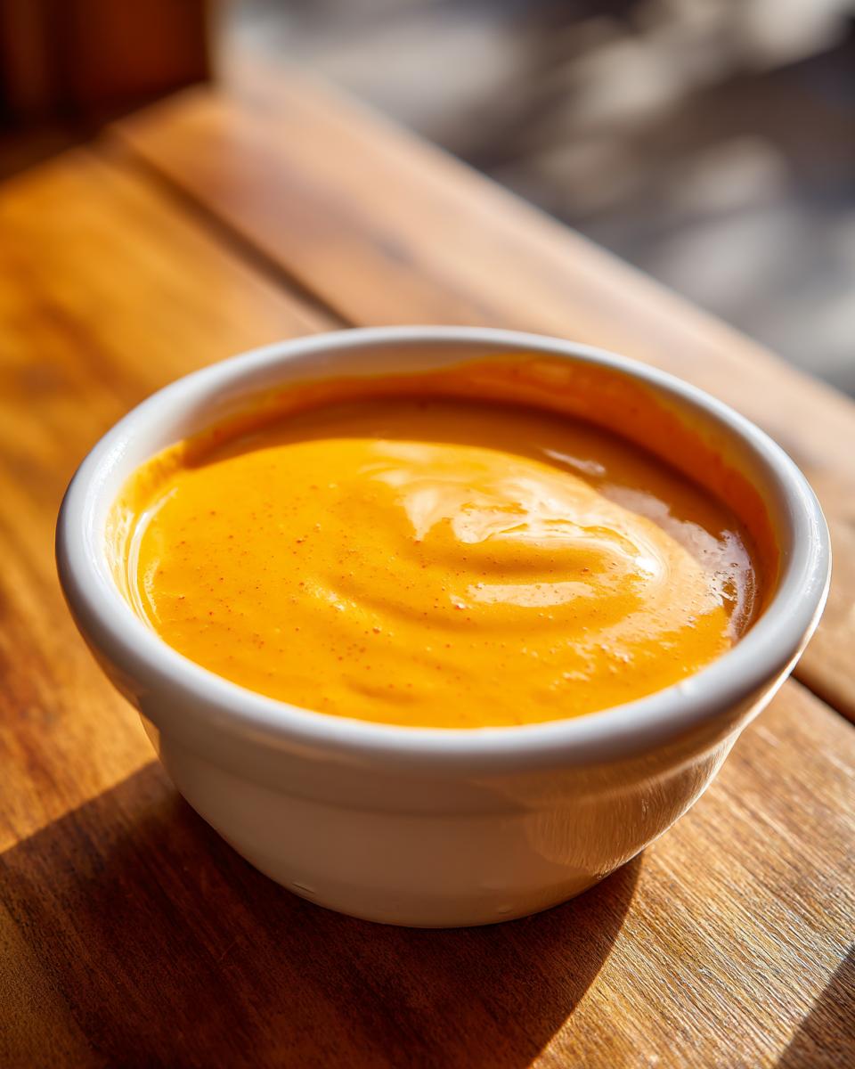 A close-up of smooth, vibrant orange homemade nacho cheese sauce in a white ramekin on a wooden surface.