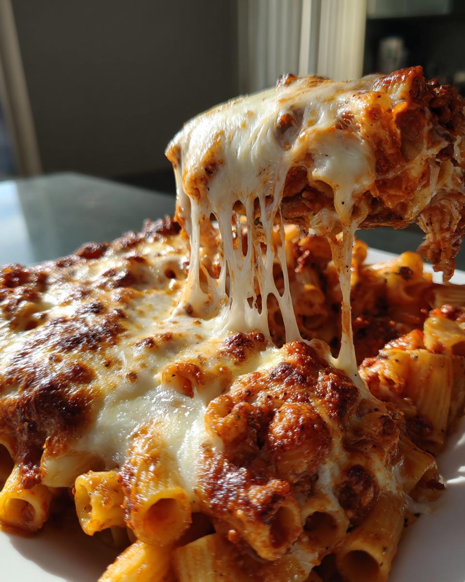 A spoonful of hot pasta bake being lifted, showing long, dramatic cheese pulls over baked rigatoni pasta with meat sauce.